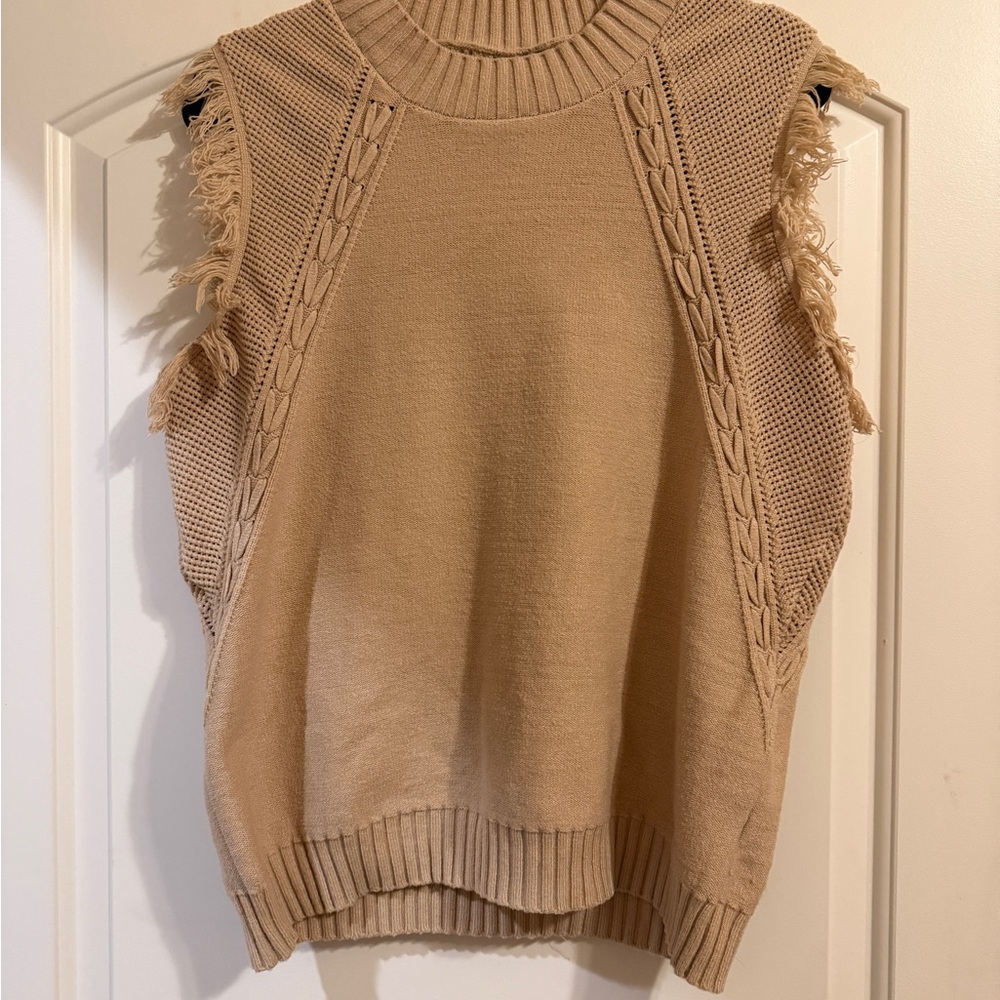 Beige Fringe-Trim Knit Sweater Vest